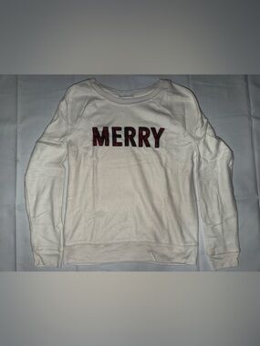 Grayson Threads Cream Crewneck Sweater with Red Plaid "MERRY" Graphic